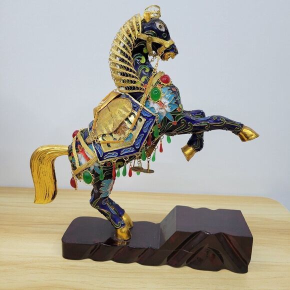 Chinese Cloisonné Rearing Horse – Enamel & Gilt Decorative Statue - Picture 2 of 12